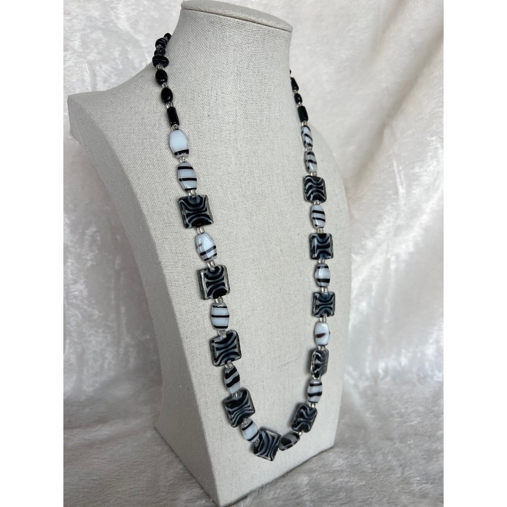 Black White Glass Beaded Necklace 24" Venetian Inspired Lampwork Style Statement